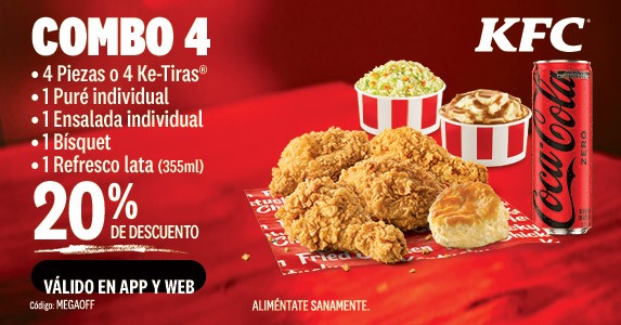 COMBO 4 PIEZAS DE POLLO O TIRAS + 2 COMPLEMENTOS INDIVIDUALES + 1 BISQUET + 1 REFRESCO DE LATA CON 20% DE DESCUENTO 